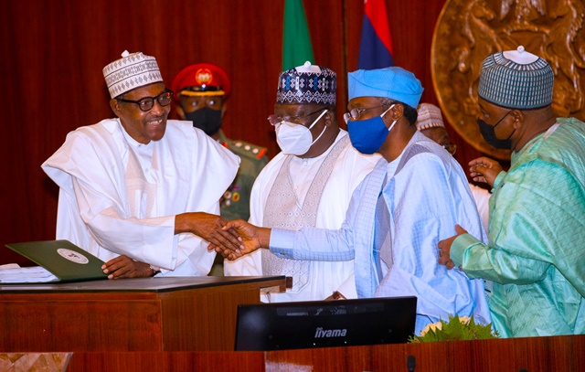 The president with Lawan and Gbajabiamila at the event