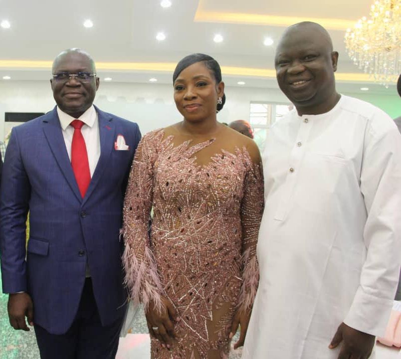 L-R: Dr. Reuben Abati, Omolara Adebiyi and Lekan Adebiyi at the unveiling of the event centre