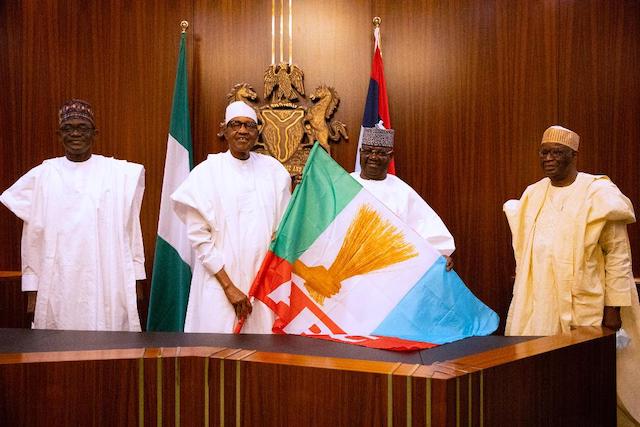Senator Emmanuek Bwacha, second right, with Buhari, Buni, isst left and Chief of Staff Gambari, Ist right