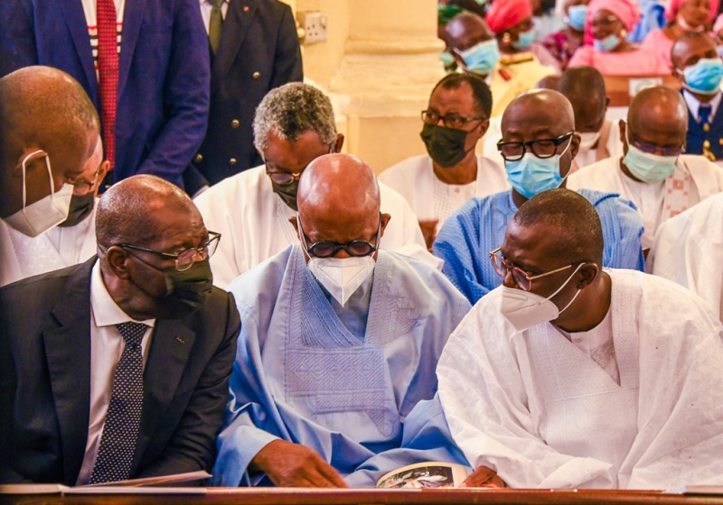 L-R: Governors – Mr. Godwin Obaseki (Edo State), Prince Dapo Abiodun (Ogun State) and Mr. Babajide Sanwo-Olu (Lagos State) during the State funeral of Ex-Head of the Interim National Government, Chief Ernest Shonekan, at the Cathedral Church of Christ, Marina, on Friday