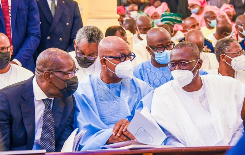 L-R: Governors – Mr. Godwin Obaseki (Edo State), Prince Dapo Abiodun (Ogun State) and Mr. Babajide Sanwo-Olu (Lagos State) during the State funeral of Ex-Head of the Interim National Government, Chief Ernest Shonekan, at the Cathedral Church of Christ, Marina, on Friday