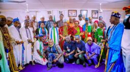 Governor Gboyega Oyetola and the traditional rulers in Ife-North State Constituency who promised to support his re-election in Osun July 2022 governorship election