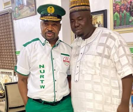 From left: Lagos NURTW boss, Alhaji Musliu Akinsola, popular known as MC Oluomo and Alhaji Azeez Abiola,  Lagos State Chairman of Tricycle Owners and Operators of Nigeria