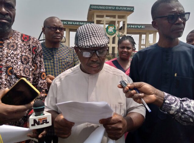 Prof. Okey Aniebo, the leader of a faction of   Academic Staff Union of Universities (ASUU), Chukwuemeka Odumegwu Ojukwu University (COOU) Branch addressing journalists over the decision of his faction to join the national strike