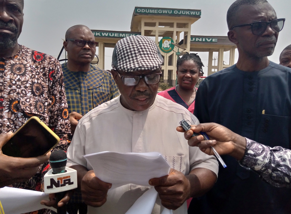 Prof. Okey Aniebo, the leader of a faction of Academic Staff Union of Universities (ASUU), Chukwuemeka Odumegwu Ojukwu University (COOU) Branch addressing journalists over the decision of his faction to join the national strike