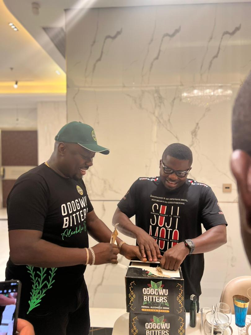 *Exclusive: Two billionaires meet as Obi Cubana, entertainment and nightlife king meet Sujimoto, luxury real estate king in Banana Island!* It was a massive display of friendliness when two of Nigeria’s famous and inspiring billionaires met in Banana Island. It was Sijibomi Ogundele, the enigmatic real estate billionaire and luxury aficionado who received in honor nightlife and entertainment kings, Obi Iyiegbu known as Obi Cubana who is famous for his mind-blowing entrepreneurial strides The meeting of both great men was held at Sujimoto’s most luxurious asset in the heart of Africa’s most expensive neighborhood, Banana Island right inside Sujimoto’s new and highly automated building, the LucreziabySujimoto. Obi Cubana came in handy with his newly introduced brand, ODOGWU Bitters which is already making waves