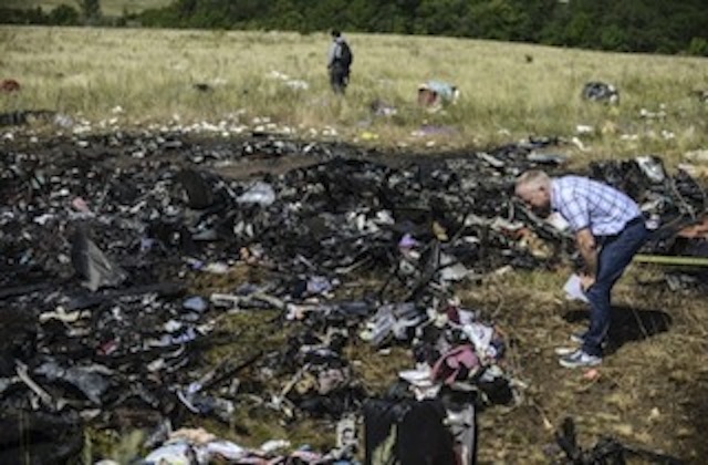 Debris scattered at the crash site of the downed Malaysia Airlines flight MH17, in a field near the village of Grabove, in the Donetsk region, on July 23, 2014.