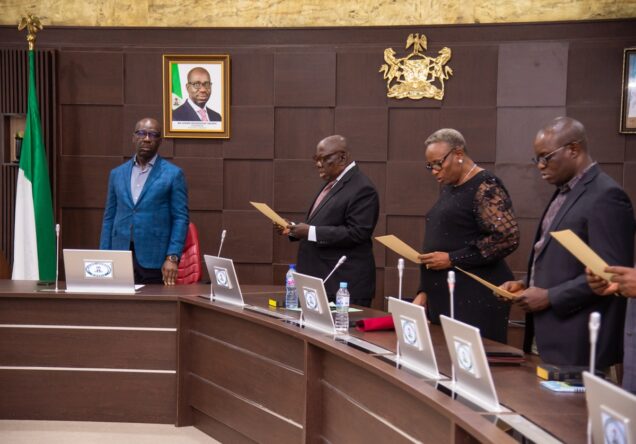 Governor Godwin Obaseki  inaugurating the seven-man Edo State Independent Electoral Commission (EDSIEC) on Thursday