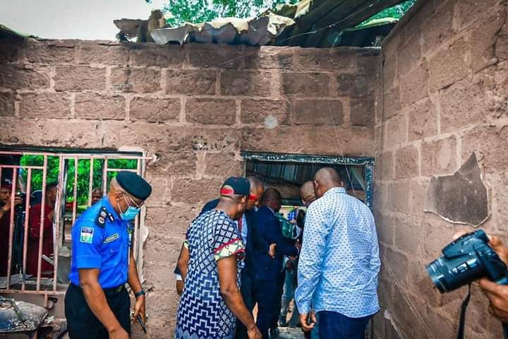 Gov Charles Soludo visiting the burnt Nnewi South LG Secretariat on Thursday