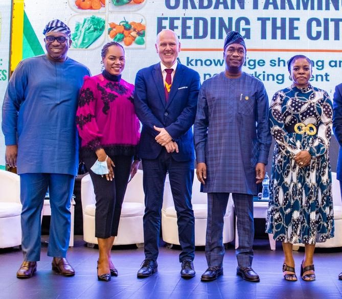 L-R: Lagos State Commissioner for Economic Planning and Budget, Mr. Samuel Egube; Special Adviser to the Governor on Sustainable Development Goals and Investment, Mrs. Solape Hammond; Deputy Consul General of the Kingdom of Netherlands, Arie Plieger; Deputy Governor, Dr. Kadri Obafemi Hamzat and Commissioner for Agriculture, Ms. Abisola Olusanya at a Symposium titled Urban Farming: Feeding the Cities a networking event between the Lagos State Ministry of Agriculture and Kingdom of the Netherlands held today, at Eko Hotels & Suites, Victoria Island.