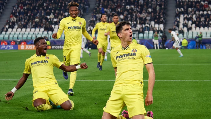 Villarreal's Gerard Moreno, right, celebrates goal against Juventus