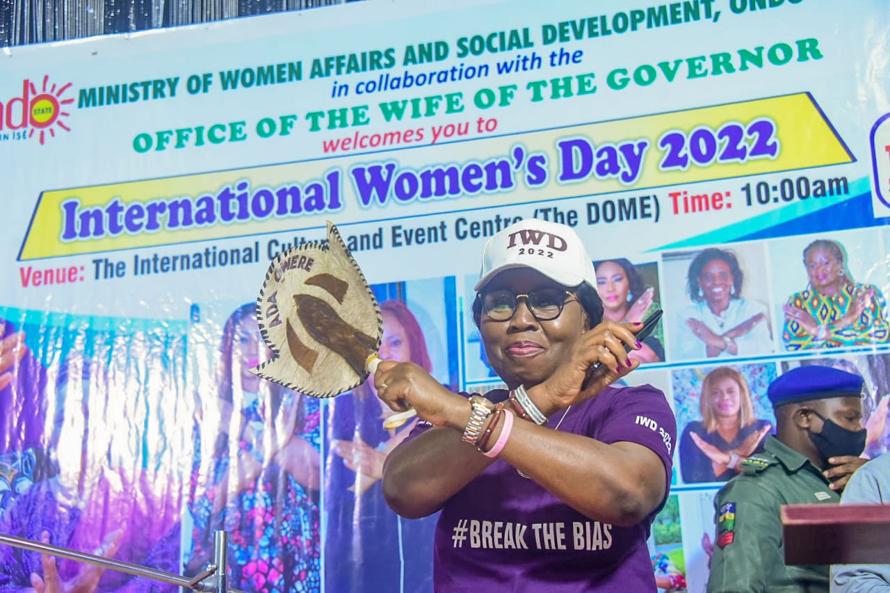 Wife of Ondo State Governor, Chief (Mrs) Betty Anyanwu Akeredolu at Ondo State 2022 IWD Stakeholders' Meeting and Special recognition Of Female Trailblazers, organized by Ministry of Women affaires and social development, Ondo State In collaboration with the office of the wife of the Governor, held at International Event Centre, Dome, Akure, on Thursday, 10 March, 2022.