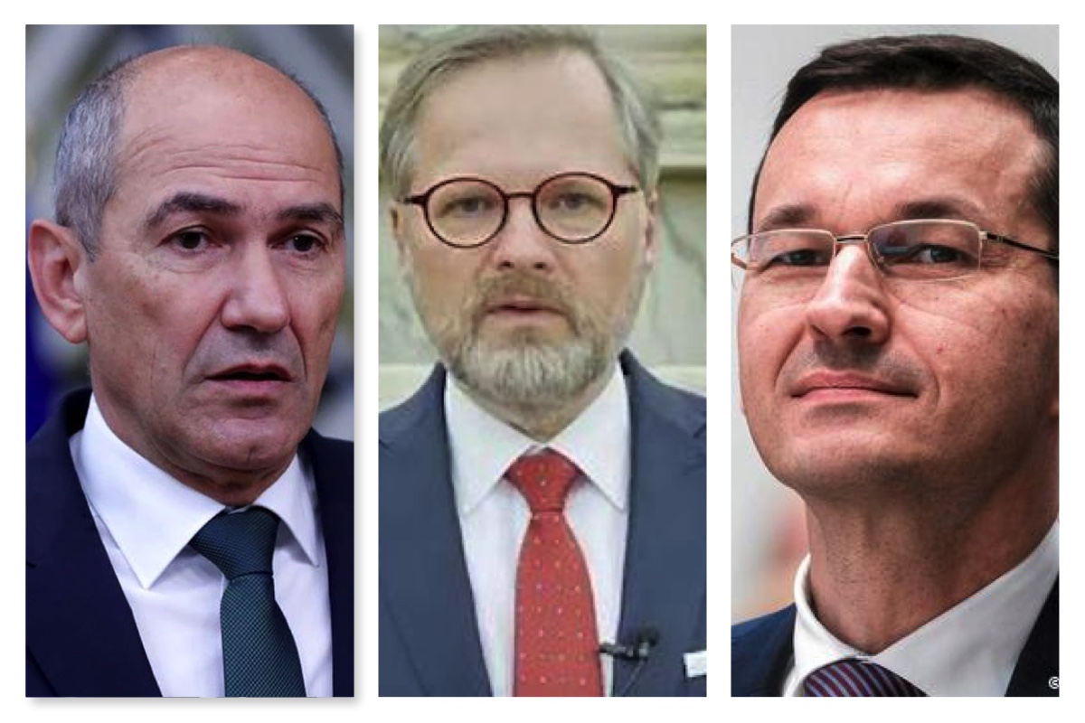 L-R: Janez Janza of Slovenia, Morawiecki of Poland and Czech's Petr Fiala