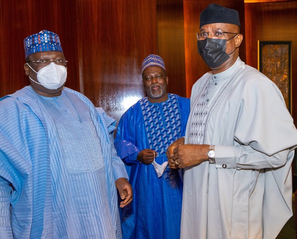 President of the Senate Ahmad Lawan, Deputy Speaker Rt Hon Ahme Idris Wase and Deputy President of the Senate, Ovie Omo-Agege during a meeting with APC National Assembly Leadership ahead of the Party's National Convention at the Council Chambers of the State House Abuja.