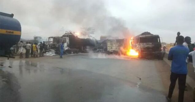 The accident scene involving petrol tanker and cement truck
