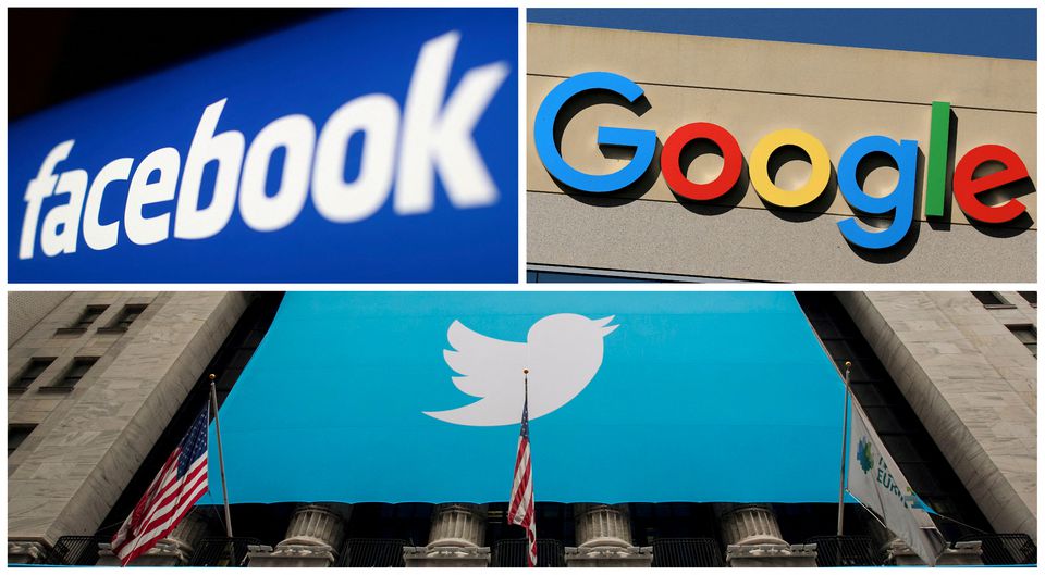 FILE PHOTO: Facebook, Google and Twitter logos are seen in this combination photo from Reuters files. REUTERS/