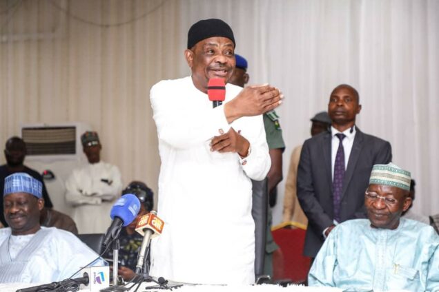 L-R: Former governor of Gombe State, Dr Ibrahim Hassan Dankwambo; Governor of Rivers State, Nyesom Ezenwo Wike and PDP chairman, Adamawa State, Tahir Shehu during Governor Wike’s consultation meeting with PDP leaders and delegates in Yola, Adamawa State on Thursday.