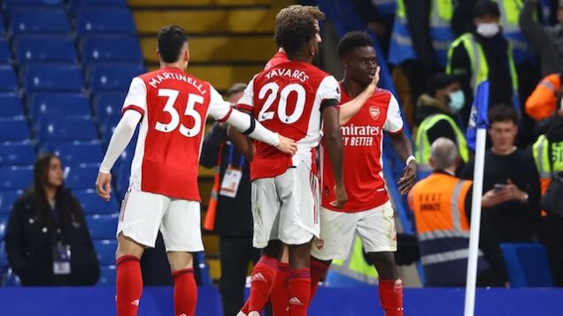 Bukayo Saka being congratulated by team mates for scoring the 4th goal against Chelsea