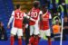 Bukayo Saka, right and Arsenal team mates after scoring the 4th goal against Chelsea