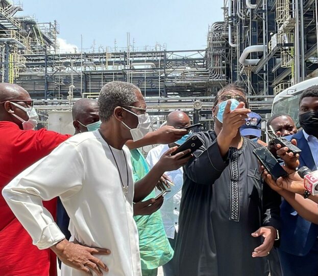 Executive Director, Strategy Capital Projects and Portfolio Development, Dangote Group, Mr. Devakumar Edwin, conducting the Minister of Information and Culture, Alhaji Lai Mohammed, round the Dangote Refinery complex in Ibeju-Lekki, Lagos, on Sunday.
