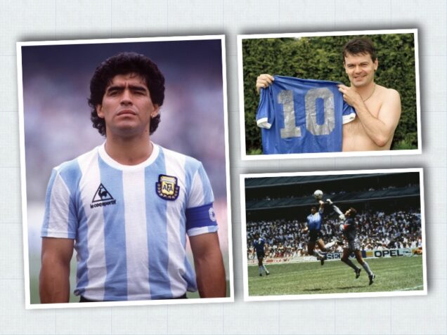Diego Maradona and Steve Hodge who is offering Hand of God shirt for sale
