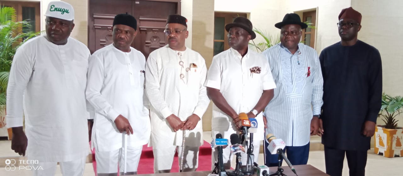 PDP Southern Governors briefing newsmen after their meeting on Friday Night in Abuja