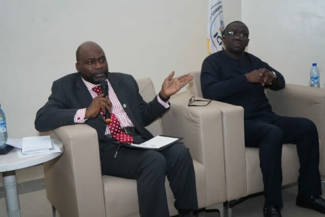 L-R, Prof Bolaji Owasanoye (Chairman, ICPC) in a chat with Dr Adeyemi Dipeolu (Chairman, Inter-Agency Committee On Stopping IFFs from Nigeria, during the program today.