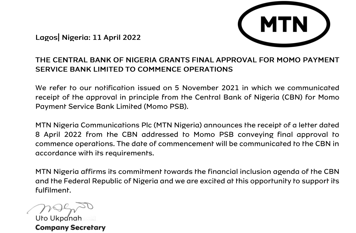 Breaking MTN gets CBN approval to operate Momo Payment Bank P.M. News