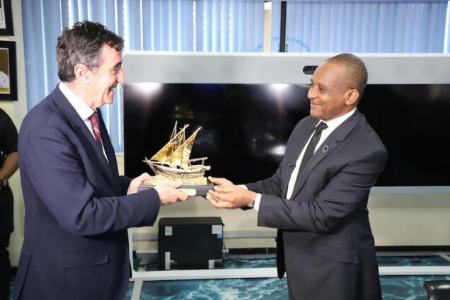 NIMASA DG Bashir Jamoh presents a souvenir to EU Gulf of Guinea ambassador Nicolas Martinez
