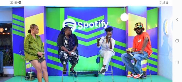 L-R: Nigerian Alté Musician, Bolaji Odojukan, popularly known as “BOJ”, Phiona Okumu, Spotify’s Head of music for Sub-Saharan Africa and other dignitaries during a media chat in Lagos