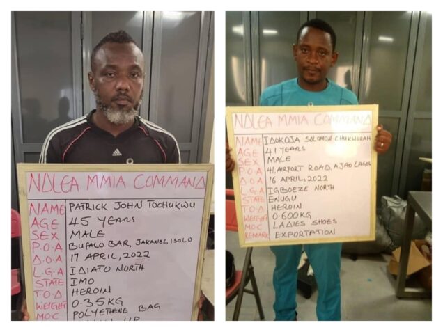 The two suspects arrested by NDLEA for heroin export