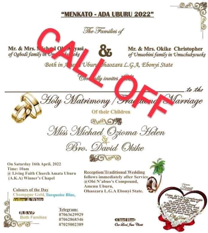 The wedding invitation for Ada Uburu and Okeke