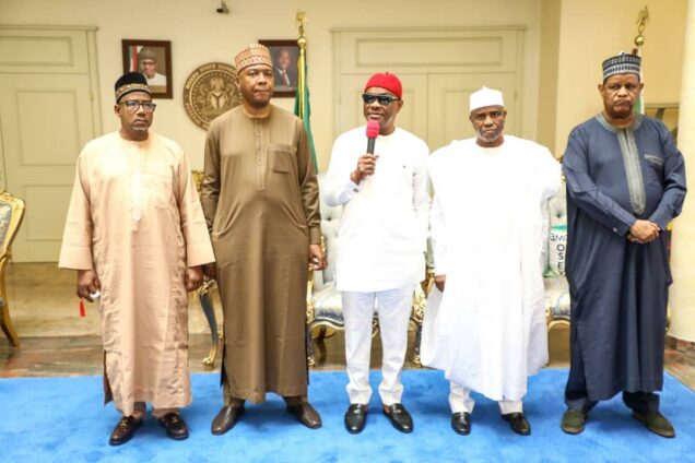L-R: Governor of Bauchi State, Senator Bala Mohammed; the former Senate President, Senator Bukola Saraki; Governor of Rivers State, Nyesom Ezenwo Wike; Governor of Sokoto State, Rt. Hon. Aminu Waziri Tambuwal and the former Managing Director of FSB International Bank, Dr Mohammed Hayatu-Deen after a closed door meeting at the Government House, Port Harcourt on Wednesday.