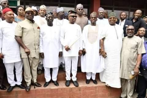 L-R: Senator Olaka Nwogu; PDP national secretary, Senator Sam Anyanwu; Governor of Abia State, Dr. Okezie Ikpeazu; PDP national chairman, Senator Iyorchia Ayu; Governor of Rivers State, Nyesom Ezenwo Wike and Senator Suleiman Nazif during Governor Wike's meeting with the PDP National Working Committee in Abuja on Tuesday