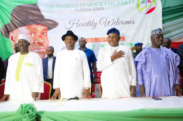 Former Gombe State governor, Ibrahim Hassan Dankwambo; Governor of Rivers State, Nyesom Ezenwo Wike; Plateau State PDP chairman, Chris Hassan and Senator Istifanus Gyang during Governor Wike’s consultation meeting with Plateau State PDP delegates in Jos, Plateau State on Saturday.
