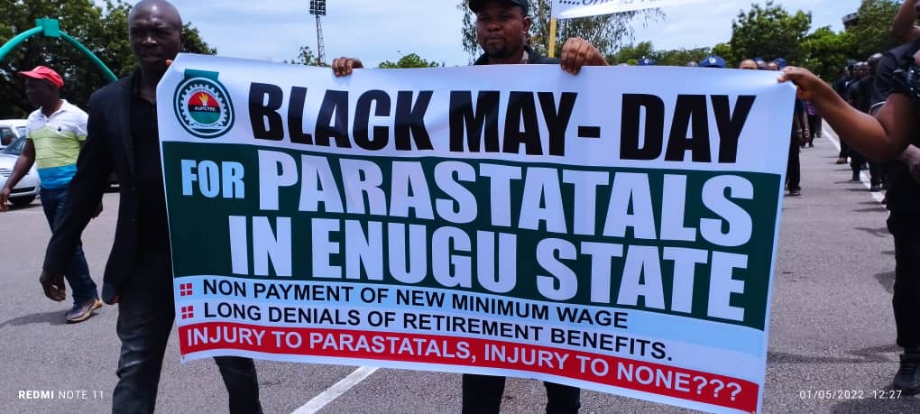 Workers in Enugu government's agencies protest delay in implementation of minimum wage with black attires during Workers’ Day celebration.
