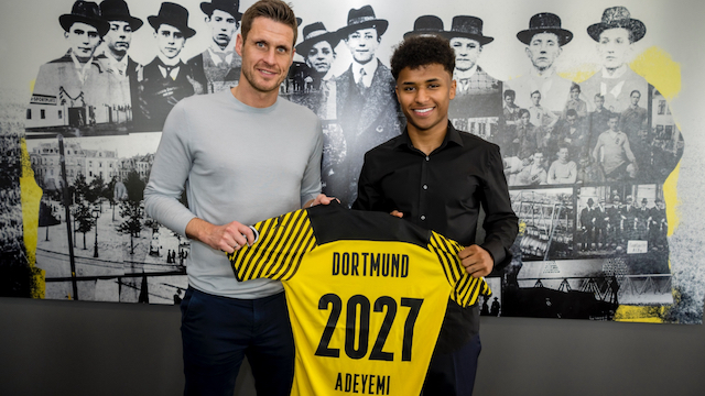 Karim Adeyemi, right, joins Dortmund