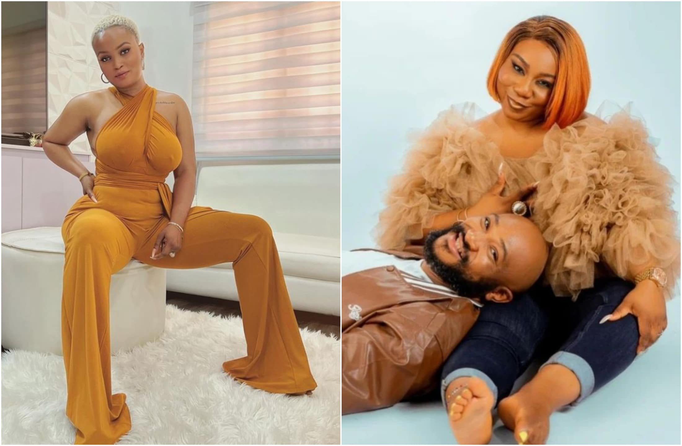 Maureen Esisi (left), Blossom Chukwujekwu and his new wife, Ehinome (right)