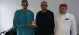 Peter Obi, middle, collects the constitution of Labour Party
