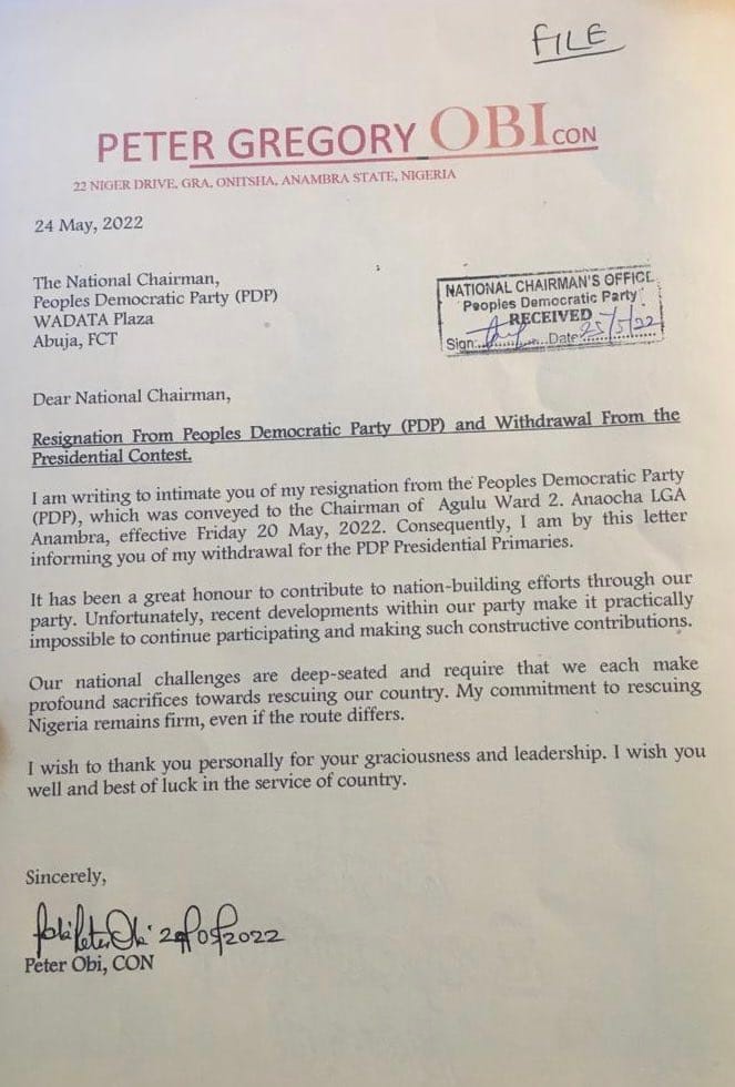 Peter Obi's letter to PDP