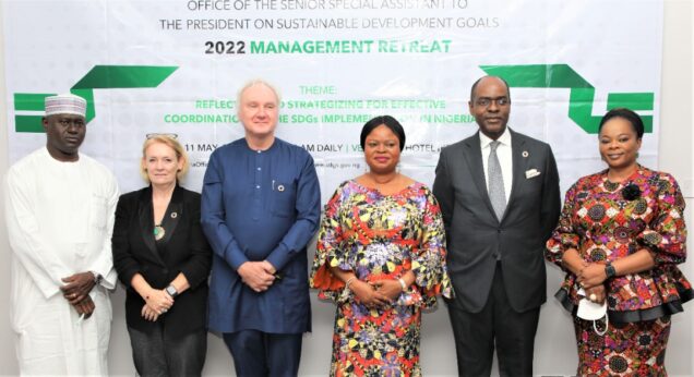 L-R) Engr. Ahmad Kawu, Secretary of Programme, OSSAP-SDGs, Celine Lafoucriere, Chief of Field Office, Lagos and Akure, UNICEF, Matthias Schmale, UN Resident & Humanitarian Coordinator a.i., Princess Adejoke Orelope-Adefulire, Senior Special Assistant to the President on SDGs, Bolaji Balogun, Co-Chair, Private Sector Advisory Group on SDGs, Morris Atoki, PSAG at the 2022 Management Retreat by the Office of the Senior Special Assistant to the President on Sustainable Development Goals