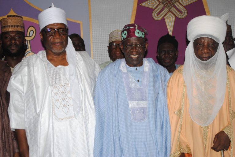 Tinubu, middle, with Dr. Alimi Abdulrazak and Emir Sulu Gambari