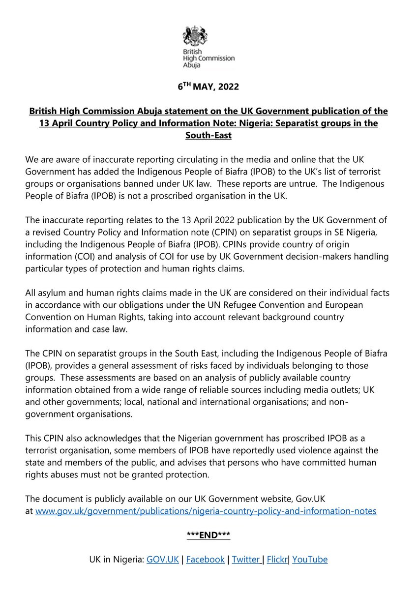 UK statement on IPOB