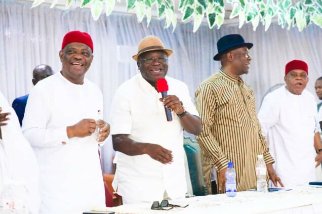 L-R: Governor of Rivers State and Peoples Democratic Party (PDP) presidential aspirant, Nyesom Ezenwo Wike; Governor of Abia State, Dr Okezie Ikpeazu; Abia State PDP chairman, Dr. Alwell Asiforo Okere and former Abia State governor, Senator Theodore Orji, who represents Abia Central Senatorial District at the National Assembly, during Wike’s meeting with Abia State delegates in Umuahia on Friday.