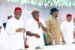 L-R: Governor of Rivers State and Peoples Democratic Party (PDP) presidential aspirant, Nyesom Ezenwo Wike; Governor of Abia State, Dr Okezie Ikpeazu; Abia State PDP chairman, Dr. Alwell Asiforo Okere and former Abia State governor, Senator Theodore Orji, who represents Abia Central Senatorial District at the National Assembly, during Wike's meeting with Abia State delegates in Umuahia on Friday.