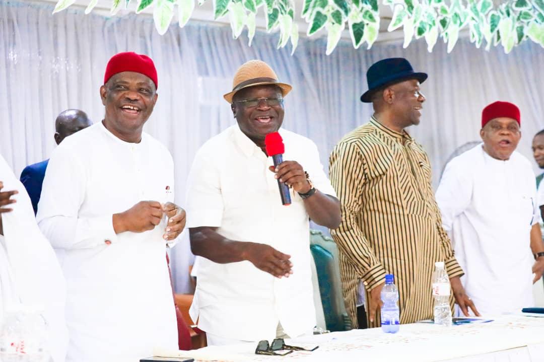 L-R: Governor of Rivers State and Peoples Democratic Party (PDP) presidential aspirant, Nyesom Ezenwo Wike; Governor of Abia State, Dr Okezie Ikpeazu; Abia State PDP chairman, Dr. Alwell Asiforo Okere and former Abia State governor, Senator Theodore Orji, who represents Abia Central Senatorial District at the National Assembly, during Wike's meeting with Abia State delegates in Umuahia on Friday.