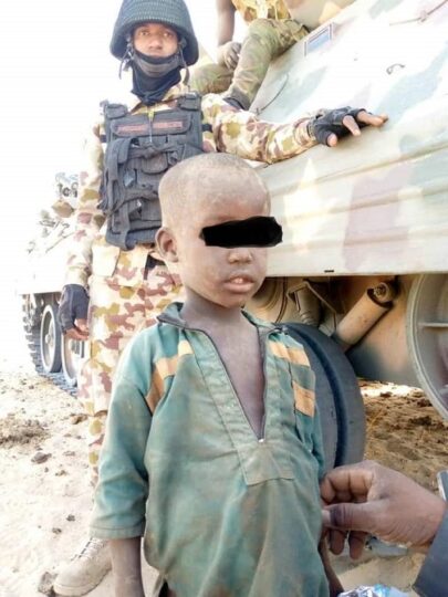 Five years old boy, simply identified as Babagana abandoned by  Boko Haram/Iswap terrorists fleeing from MNJTF) operations in Lake Chad Islands  abandon