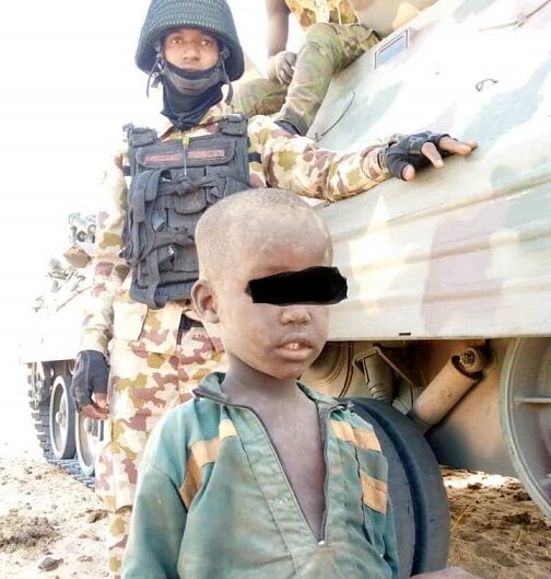 Five years old boy, simply identified as Babagana abandoned by Boko Haram/Iswap terrorists fleeing from MNJTF) operations in Lake Chad Islands abandon