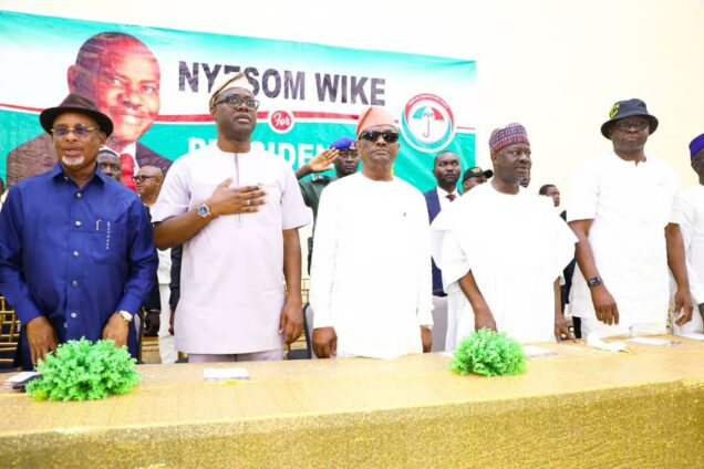 L-R: Former governor of Rivers State, Sir Celestine Omehia; Governor of Oyo State, Oluseyi Makinde; Governor of Rivers State, Nyesom Ezenwo Wike; former Gombe State governor, Ibrahim Hassan Dankwambo and former Ekiti State governor, Ayo Fayose, during Governor Wike’s consultation meeting with PDP delegates in Ado-Ekiti on Monday.