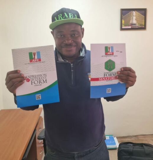 Jimoh Ibrahim displaying is APC forms for contest for  Ondo South Senatorial